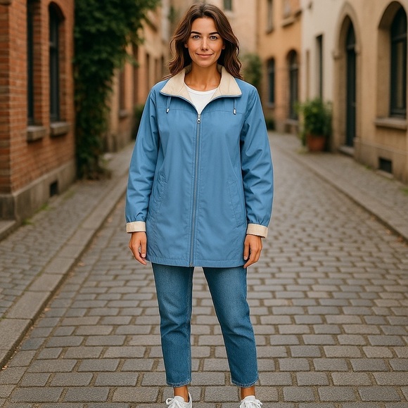 London Fog M Blue Coat Women Rain Jacket Raincoat Hooded Lined Pockets EUC - Picture 2 of 16